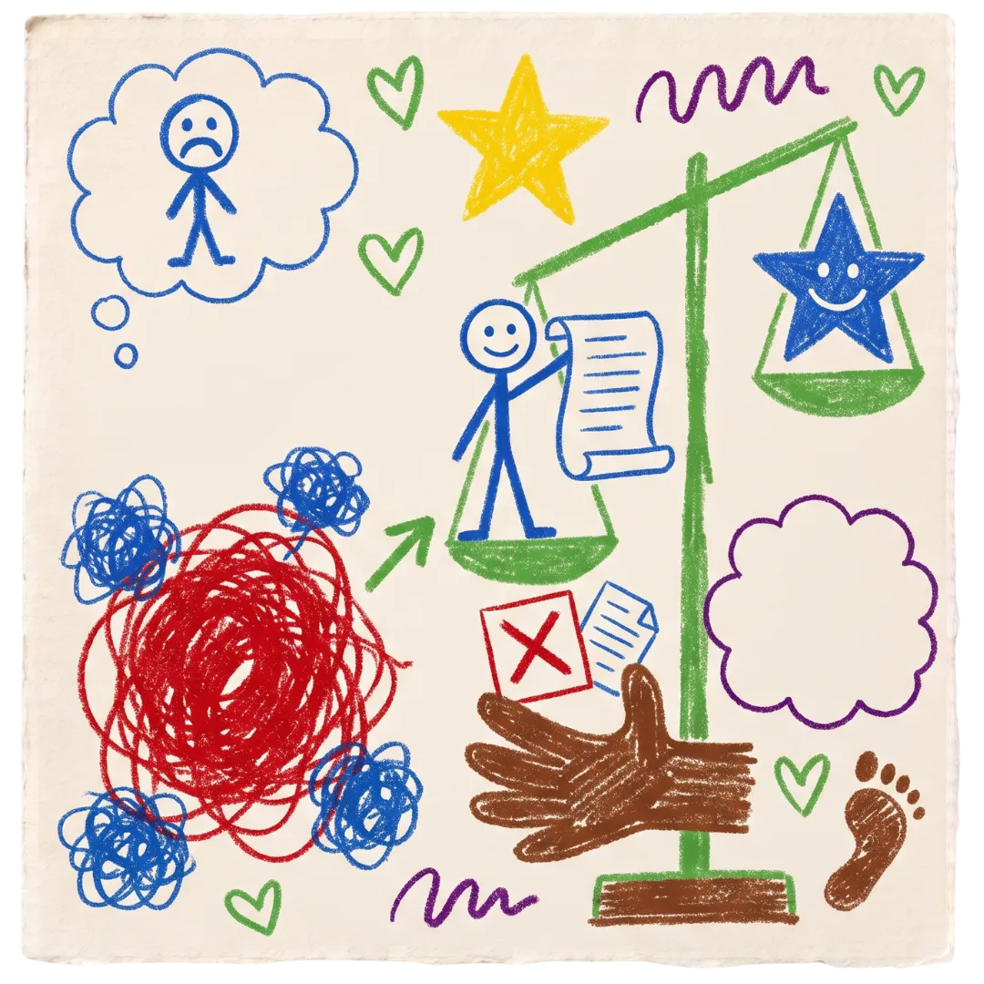 Crayon drawings of a scale, sad and happy figures, representing healing at Abuse Counseling & Therapy.