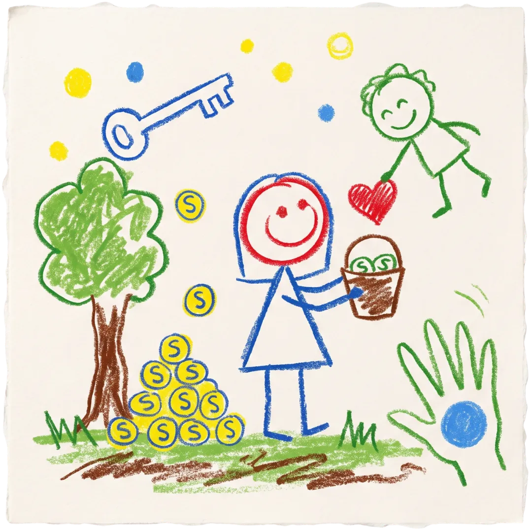 A child's crayon drawing of smiling figures, a key, and a heart, representing Abuse Counseling & Therapy.