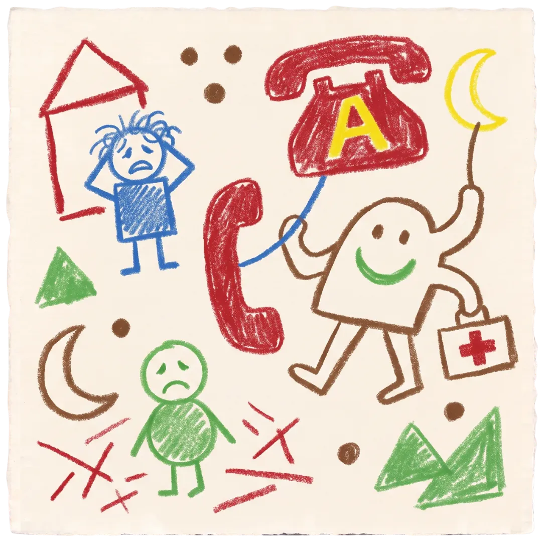 Crayon drawings of sad figures and a helpful multi-armed character with a phone for Abuse Counseling & Therapy.