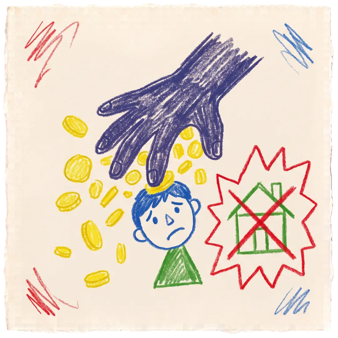 An Abuse Counseling & Therapy illustration depicts a child facing financial abuse and housing loss.