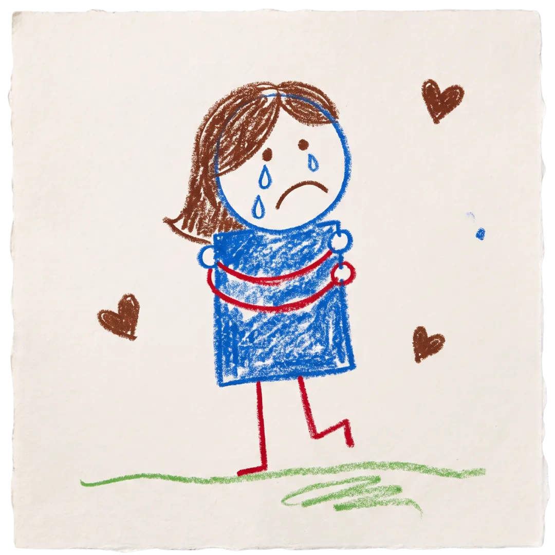 A child's drawing of a crying girl hugging herself, representing healing at Abuse Counseling & Therapy.