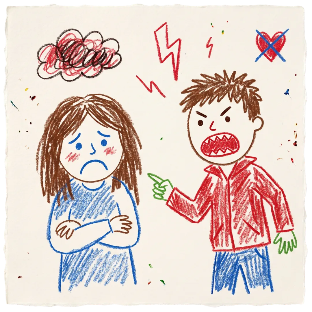 An Abuse Counseling & Therapy illustration depicts an angry boy yelling at a sad, crying girl.