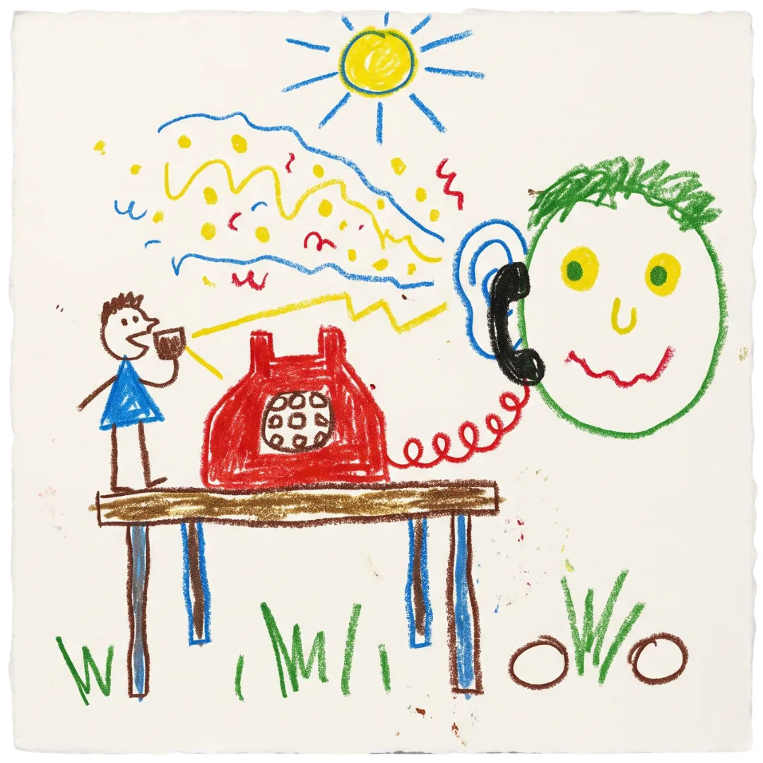 A child's drawing shows a person calling the Abuse Counseling & Therapy helpline on a red telephone.