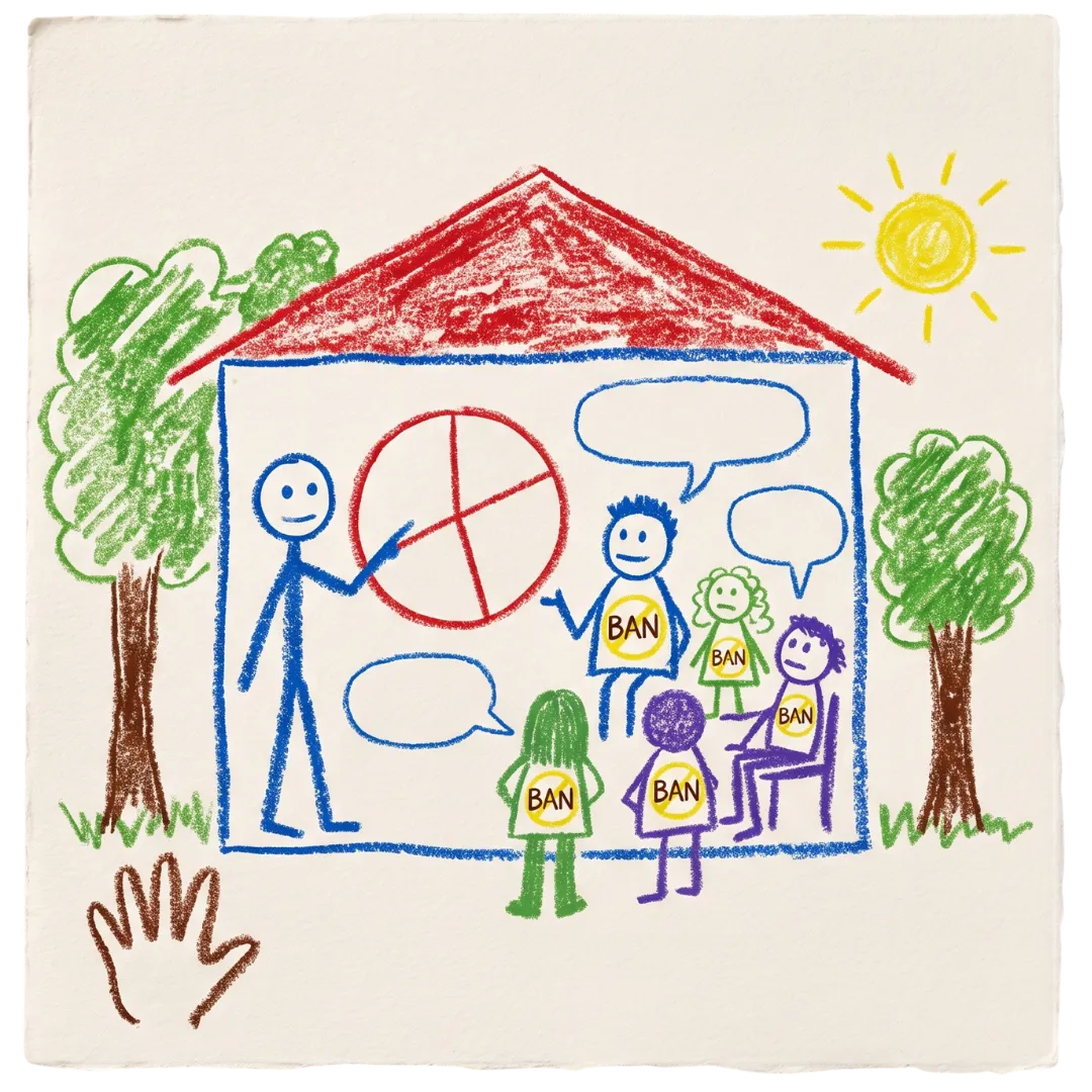 Crayon drawing of a group therapy session inside a house, representing Abuse Counseling & Therapy.