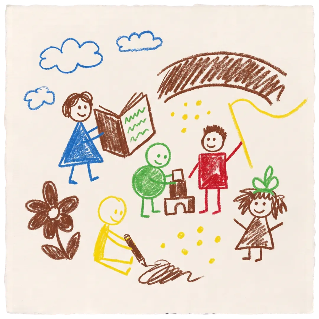 A child's crayon drawing of kids playing, representing trauma-informed care at Abuse Counseling & Therapy.