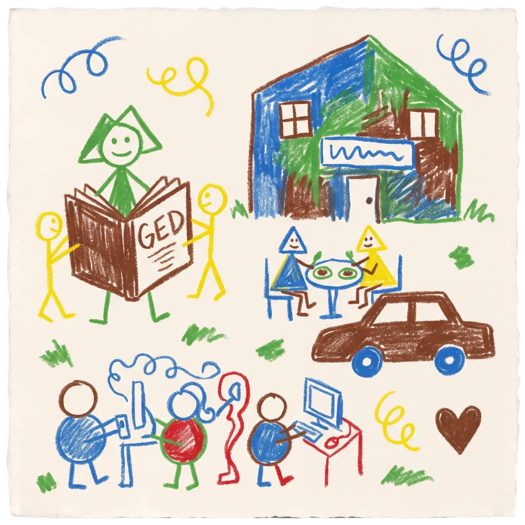 A colorful crayon drawing illustrates the holistic community support services of Abuse Counseling & Therapy.