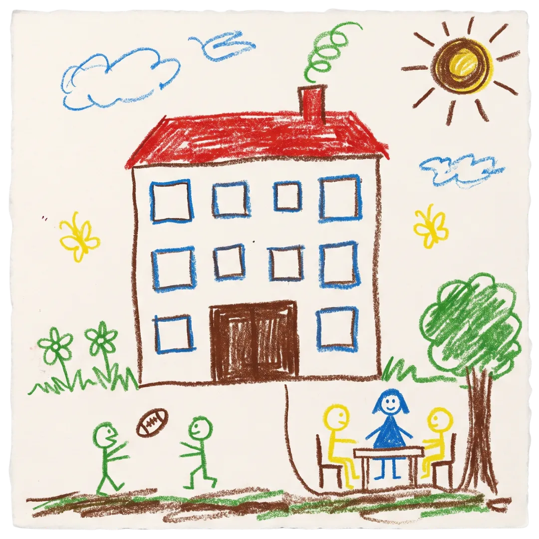 A child's crayon drawing of a safe home and counseling session for Abuse Counseling & Therapy.