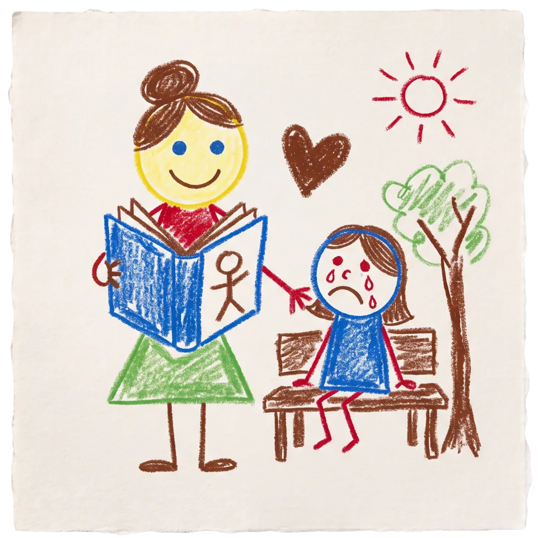 A counselor comforts a crying child in a crayon drawing representing Abuse Counseling & Therapy.