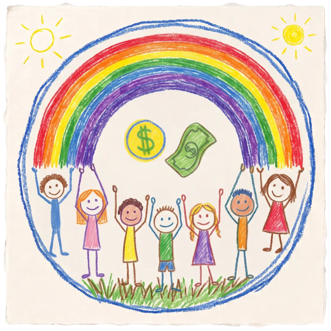 Child's drawing of kids holding a rainbow with money, symbolizing donations to Abuse Counseling & Therapy.