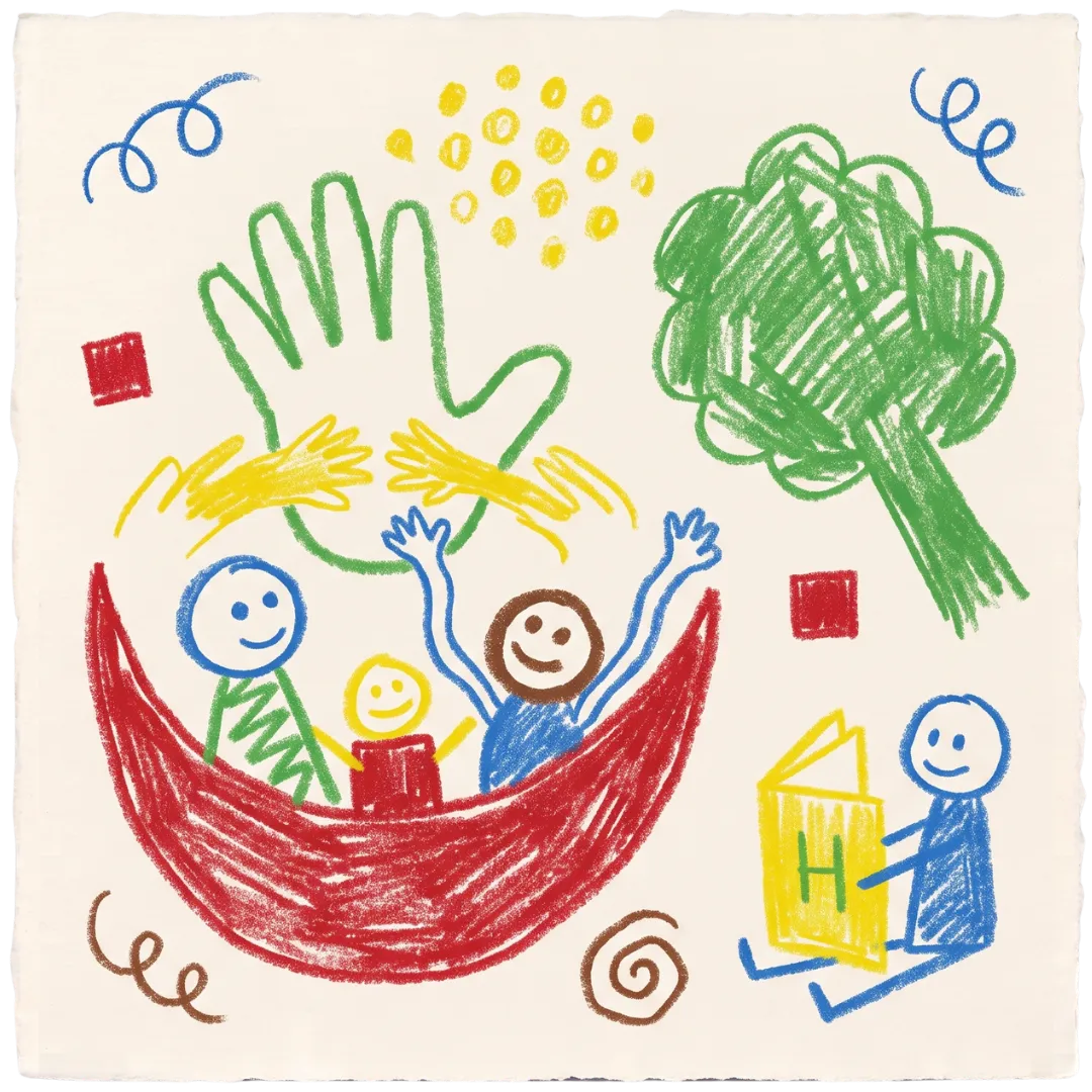 Colorful crayon drawing of happy stick figures and a hand, representing Abuse Counseling & Therapy.