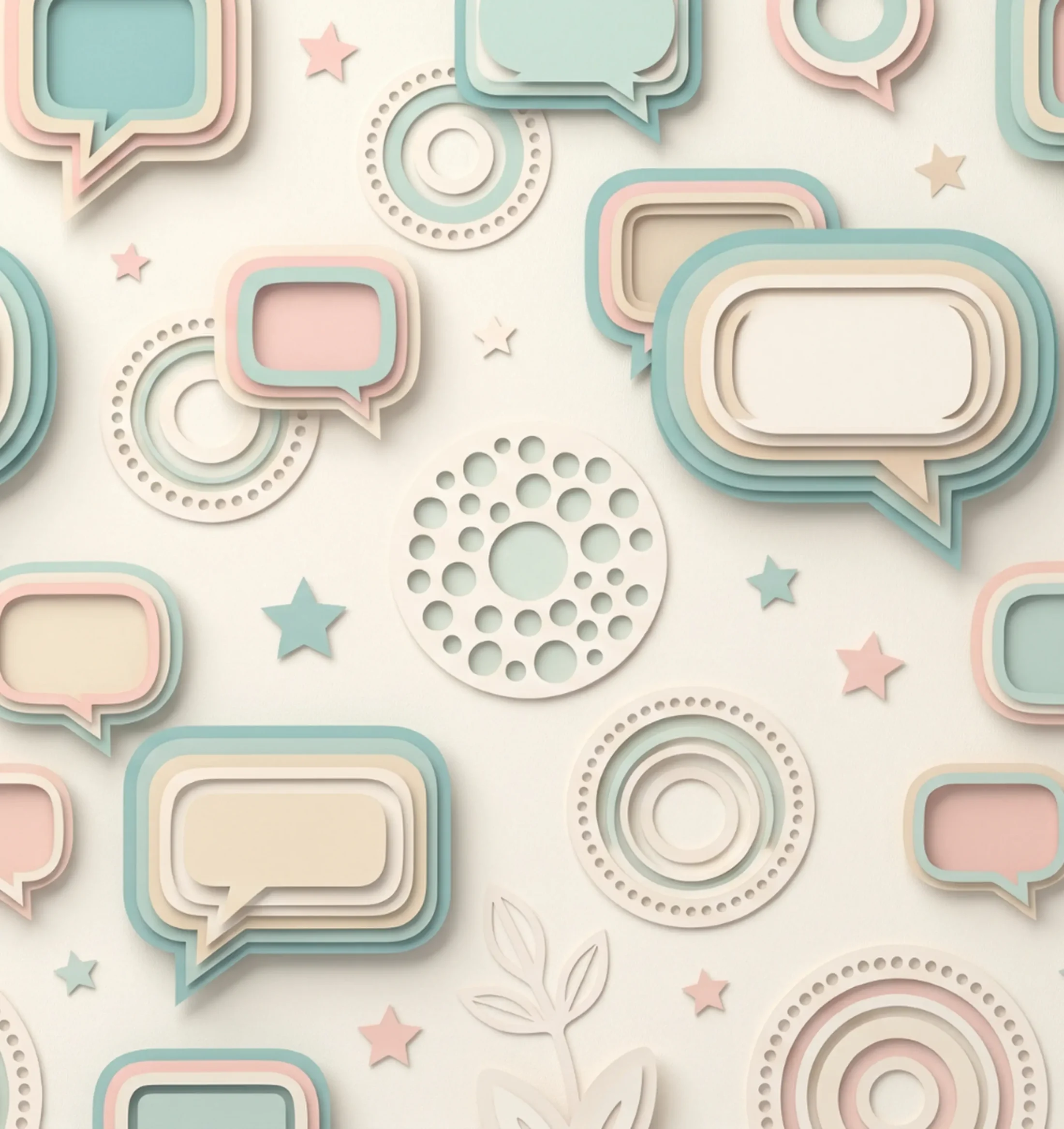 Pastel paper-cut speech bubbles and stars represent supportive dialogue at Abuse Counseling & Therapy.