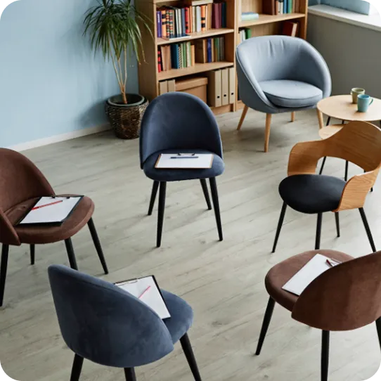 Group therapy chairs arranged in a circle with clipboards at Abuse Counseling & Therapy.