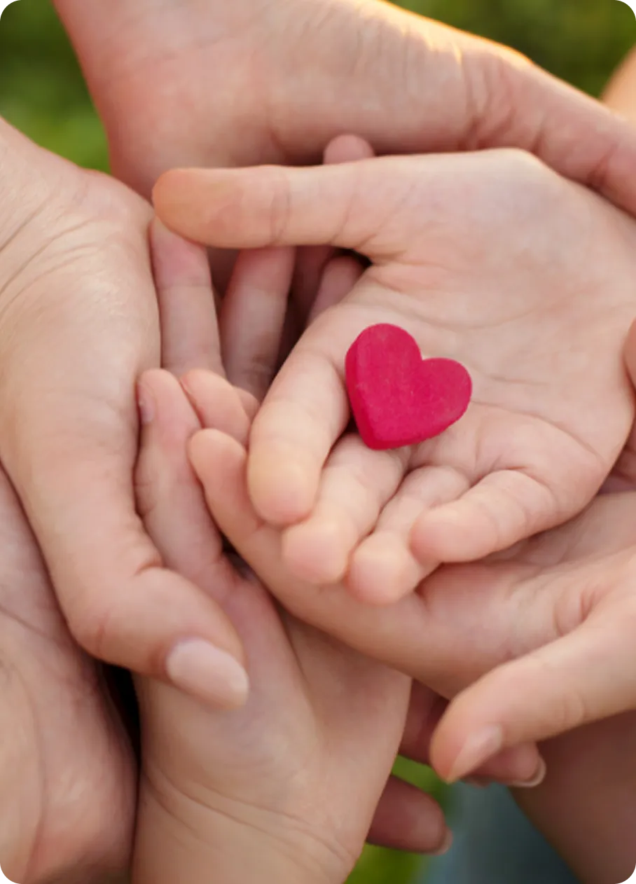Multiple hands cradle a small red heart, symbolizing the supportive care of Abuse Counseling & Therapy.