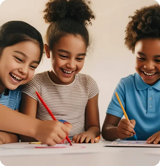 Three happy children drawing together during a therapy session at Abuse Counseling & Therapy.