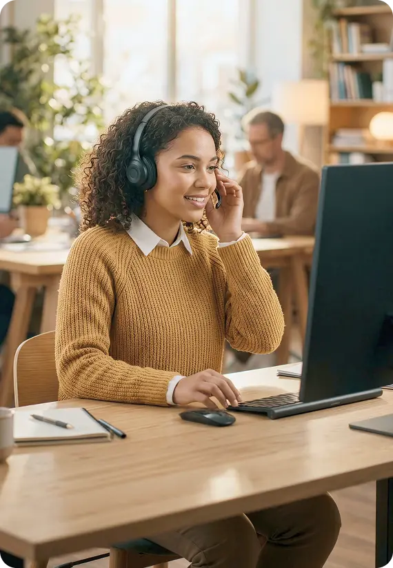 An Abuse Counseling & Therapy support agent smiles while wearing a headset and working at her computer.