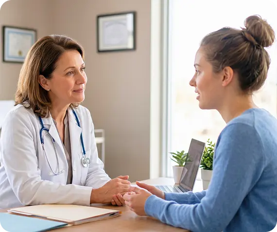 An Abuse Counseling & Therapy clinician listens compassionately to a patient during a consultation.